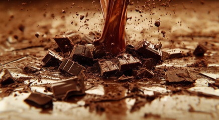 Chocolate shards cascade in a dynamic explosion, contrasting textures and colors against a blurred backdrop.