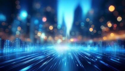 Wall Mural - abstract blurred blue city lights background scene with soft bokeh.