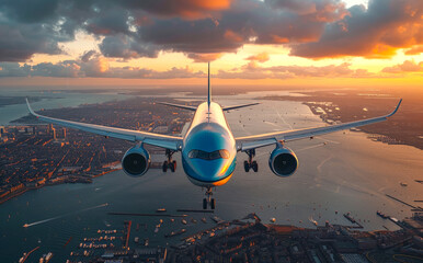 Airplane flying over city skyline at sunset. An airplane soars above a city as the sun sets