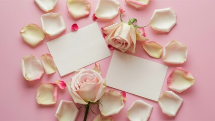 Sticker - Two blank cards and a bunch of petals on pink background, AI