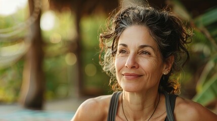 Wall Mural - Smiling Woman Looking Up, Peaceful and Content