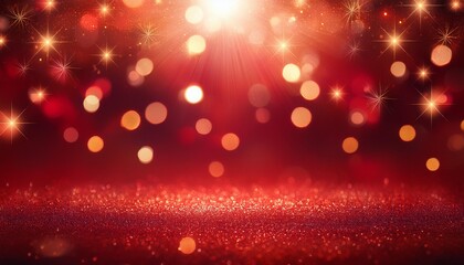 Wall Mural - Christmas abstract red lights background. Festive xmas abstract background with bokeh defocused lights and stars. Card or invitation for your design.