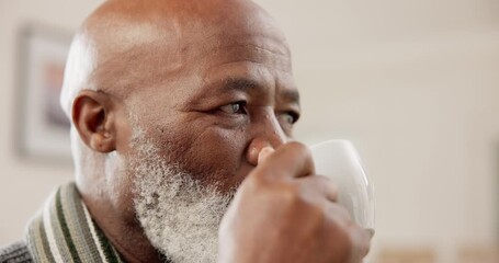 Canvas Print - Mature, man and thinking with coffee in home for delicious, taste and aroma with eyes closed. African senior person, alone and relax in peace with cappuccino, tea or latte on sofa in living room