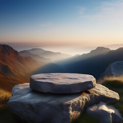 Wall Mural - dramatic rock formation serving as a natural podium surrounded by misty mountains and a ethereal sky perfect for showcasing products in nature
