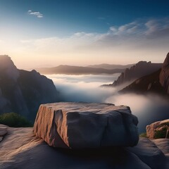 Wall Mural - dramatic rock formation serving as a natural podium surrounded by misty mountains and a ethereal sky perfect for showcasing products in nature