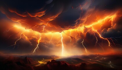 Wall Mural - electric storm backdrop vibrant orange lightning bolts dark ominous clouds dramatic contrast powerfu