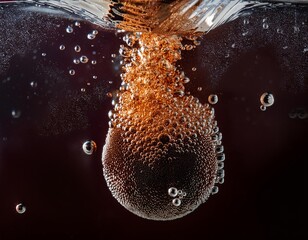 Wall Mural - effervescent cola explosion underwater dark bubbles rising against inky background dynamic liquid texture fizzy carbonation swirling upwards refreshing drink concept with dramatic contrast