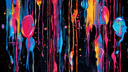 Poster - Vibrant abstract paint drips creating a stunning artistic pattern on a black backdrop