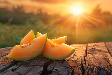 Cantaloupe melon slices on wooden table at sunset