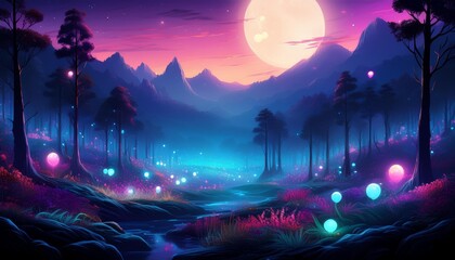 Wall Mural - enchanted bioluminescent forest at twilight floating magical orbs ethereal mist otherworldly flora moonlit mountain silhouettes