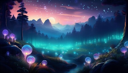 Canvas Print - enchanted bioluminescent forest at twilight floating magical orbs ethereal mist otherworldly flora moonlit mountain silhouettes