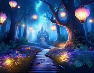 Wall Mural - enchanted forest at twilight bioluminescent plants casting an ethereal glow floating lanterns illuminate a mystical pathway leading to a crystalline fairy castle in the distance