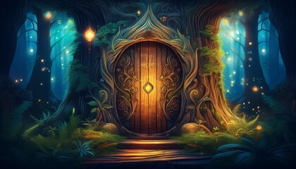 enchanted forest portal ornate wooden door with intricate carvings nestled in an ancient tree trunk magical fireflies and bioluminescent plants surround it