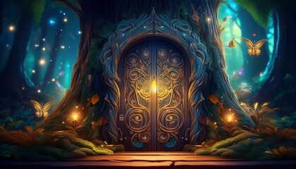 Wall Mural - enchanted forest portal ornate wooden door with intricate carvings nestled in an ancient tree trunk 