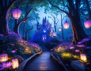 Wall Mural - enchanted forest at twilight bioluminescent plants casting an ethereal glow floating lanterns illumi