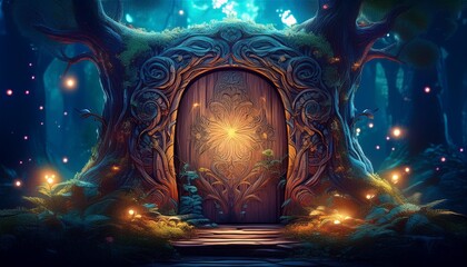 Wall Mural - enchanted forest portal ornate wooden door with intricate carvings nestled in an ancient tree trunk 