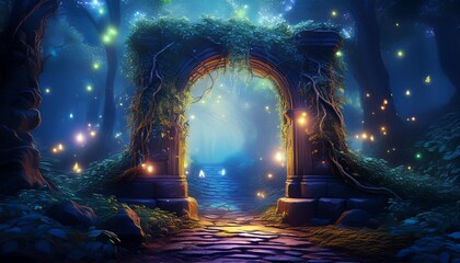 Wall Mural - enchanted stone archway covered in bioluminescent vines leading into a misty fairy tale forest bathed in ethereal light with floating fireflies and mystical flora