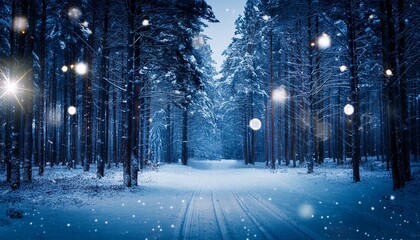 Wall Mural - enchanted winter forest at night with gently falling snow twinkling stars and soft lights create magical atmosphere among dark trees