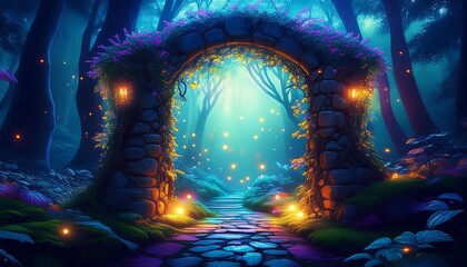 Wall Mural - enchanted stone archway covered in bioluminescent vines leading into a misty fairy tale forest bathed in ethereal light with floating fireflies and mystical flora