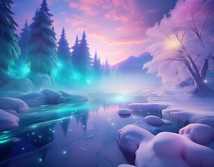 Wall Mural - enchanted winter wonderland with bioluminescent snow crystals ethereal mist and otherworldly ice formations soft dreamy color palette with hints of pastel auroras