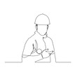 © PZ - dessin en ligne continue d'un travailleur du bâtiment portant un casque, line art, vecteur