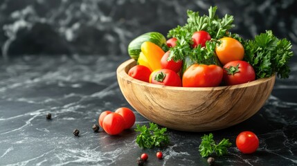 Poster - A rustic wooden bowl overflowing with colorful vegetables, placed on a black countertop, and garnished with fresh parsley for a vibrant and healthy scene.