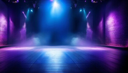 Wall Mural - enigmatic dark stage with empty space deep blue and purple hues creating mysterious ambiance subtle fog effect dramatic spotlighting hinting at potential performance aigenerated atmosphere