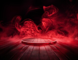 Wall Mural - enigmatic stage setting empty dark platform shrouded in billowing mist and fog dramatic red smoke te