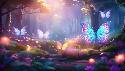 Wall Mural - ethereal butterfly garden enchanted forest clearing filled with iridescent butterflies glowing flowe