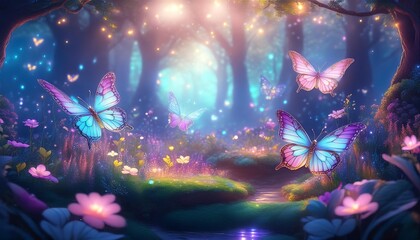 Wall Mural - ethereal butterfly garden enchanted forest clearing filled with iridescent butterflies glowing flowe