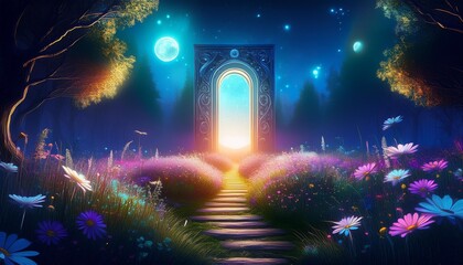 Wall Mural - ethereal doorway of light in a mystical nighttime meadow bioluminescent flowers and floating spirit orbs guide the path to an interdimensional portal
