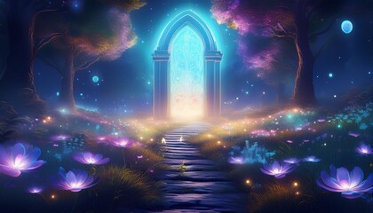 Wall Mural - ethereal doorway of light in a mystical nighttime meadow bioluminescent flowers and floating spirit orbs guide the path to an interdimensional portal