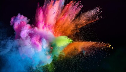 Wall Mural - ethereal explosion of vibrant holi powder freezeframe capture psychedelic color palette billowing clouds of pigment dark background particle effects surreal lighting