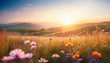 Wall Mural - ethereal wildflower meadow at golden hour soft bokeh dreamy atmosphere pastel sky rolling hills deli