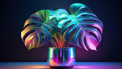 Wall Mural - exotic monstera plant with iridescent leaves holographic sheen changing colors in light futuristic planter with bioluminescent highlights