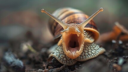 A large, brown and orange snail with a mouth open. The snail is on a dirt ground