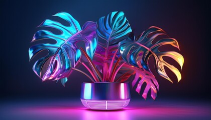 Wall Mural - exotic monstera plant with iridescent leaves holographic sheen changing colors in light futuristic planter with bioluminescent highlights