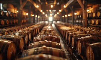 whiskey bourbon scotch barrels in an aging facility.