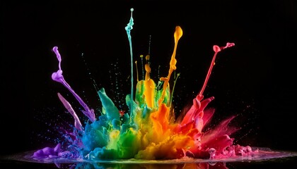 Wall Mural - explosive paint splash frozen in time vibrant rainbow colors bursting against stark black background