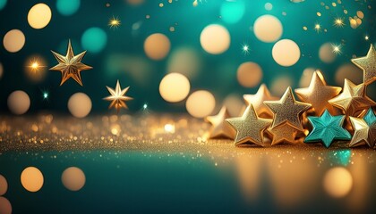 Wall Mural - festive abstract background gold and teal bokeh lights shimmering star shapes elegant holiday atmosp