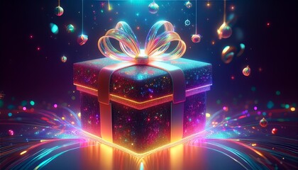 Wall Mural - festive aigenerated gift box assembling itself holographic ribbon tying in midair shimmering particl
