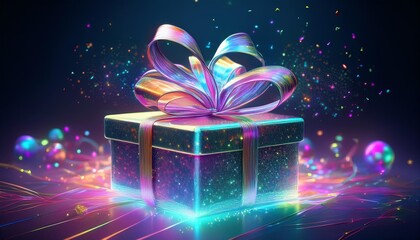 Wall Mural - festive aigenerated gift box assembling itself holographic ribbon tying in midair shimmering particl