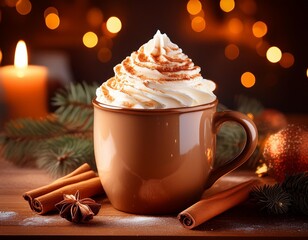 festive coffee mug with whipped cream and cinnamon holidaythemed background warm inviting glow