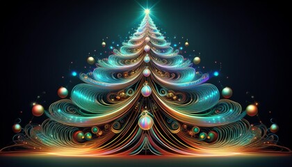 Wall Mural - fractalinspired digital christmas tree composed of swirling light patterns and holographic ornaments