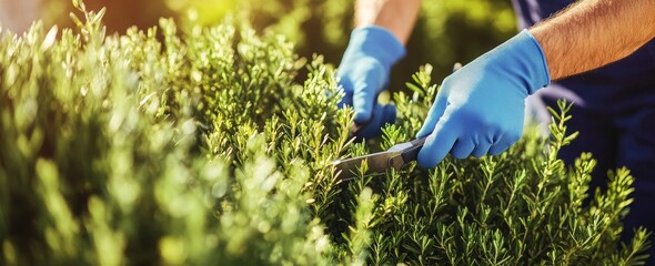 Wall Mural - Gardener trimming bush branches manually with scissors.