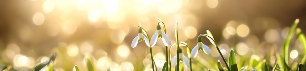 Canvas Print - It's springtime and there are fragile snowdrops blooming in the field.