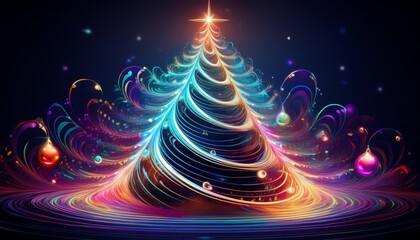 Wall Mural - fractalinspired digital christmas tree composed of swirling light patterns and holographic ornaments mesmerizing blend of traditional and futuristic holiday aesthetics