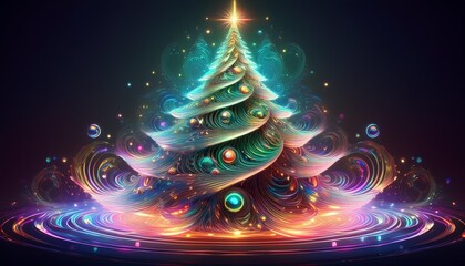 Wall Mural - fractalinspired digital christmas tree composed of swirling light patterns and holographic ornaments