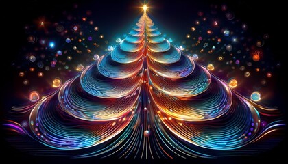 Wall Mural - fractalinspired digital christmas tree composed of swirling light patterns and holographic ornaments