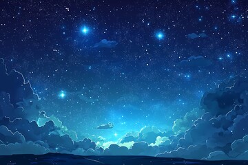 Dark blue night sky with white stars and clouds.
